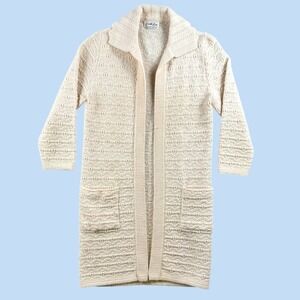 Vintage Cuddle Knit Cardigan Women L Cream Open Front Longline Textured 70s Cozy